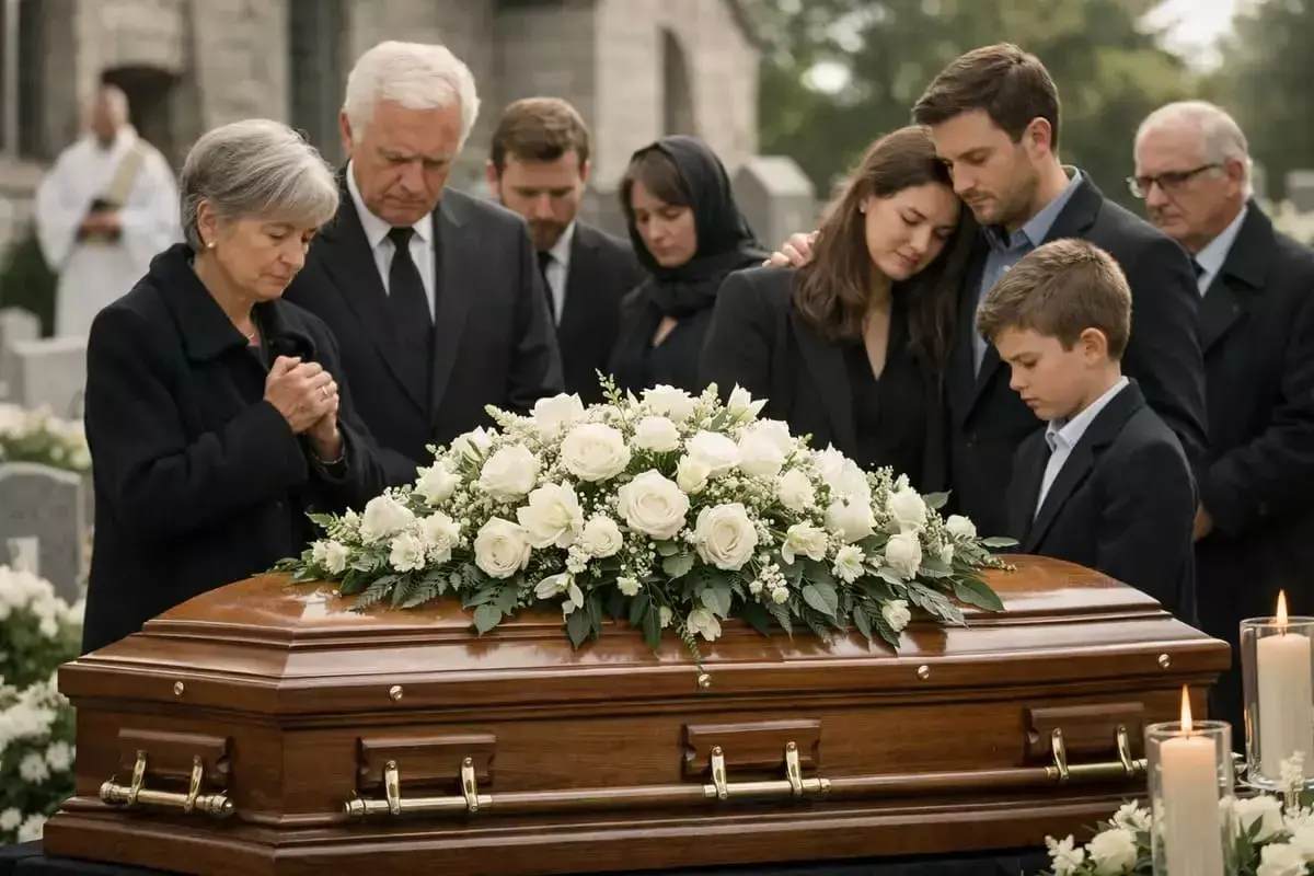 Famille en deuil devant un cercueil fleuri, lors d'une cérémonie funéraire.
