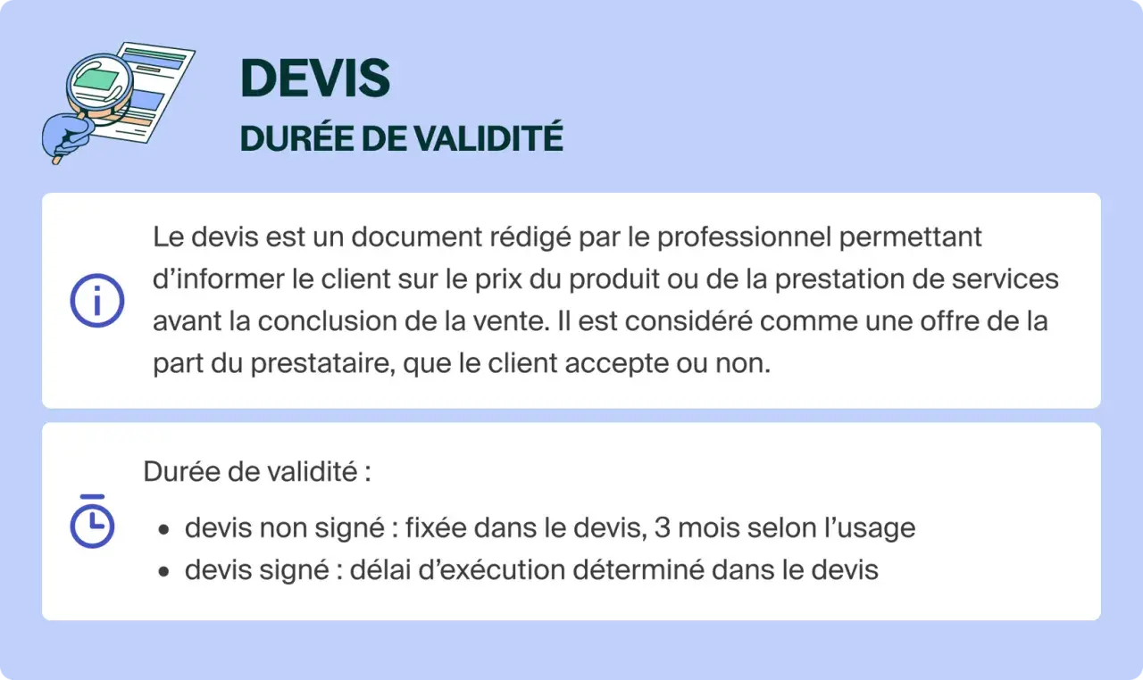 Le devis, une offre du professionnel, doit être validé. Sa durée de validité est fixée ou de 3 mois si non signé.