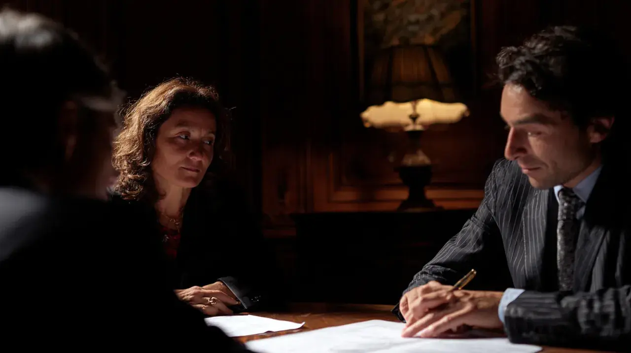 Trois personnes discutent autour d'une table. La question : combien de temps peut-on bloquer une succession ? L'ambiance est sérieuse.