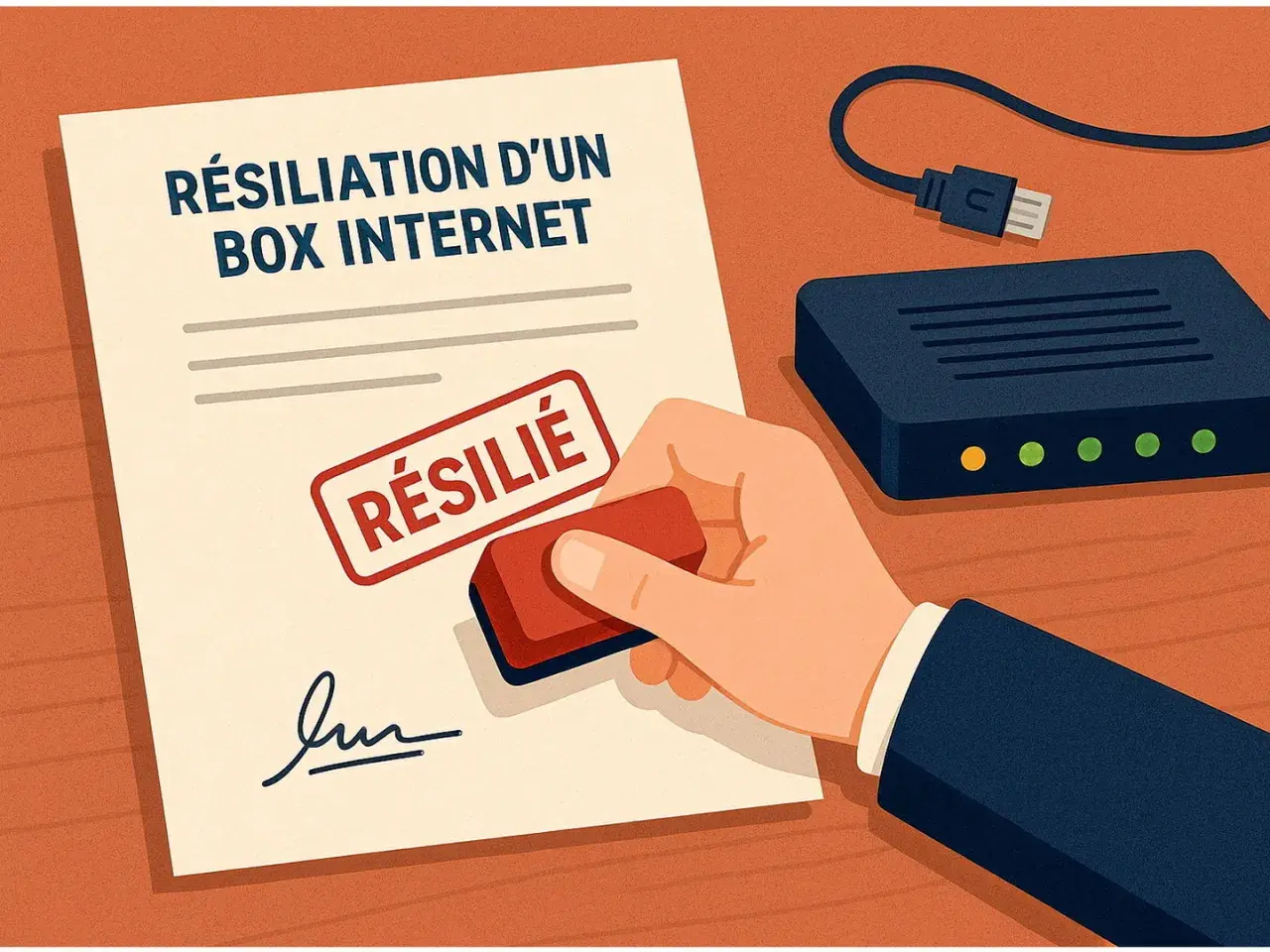 Document "Résiliation d'un box internet" tamponné "RÉSILIE". Une main appose le cachet, symbolisant la fin d'un abonnement.