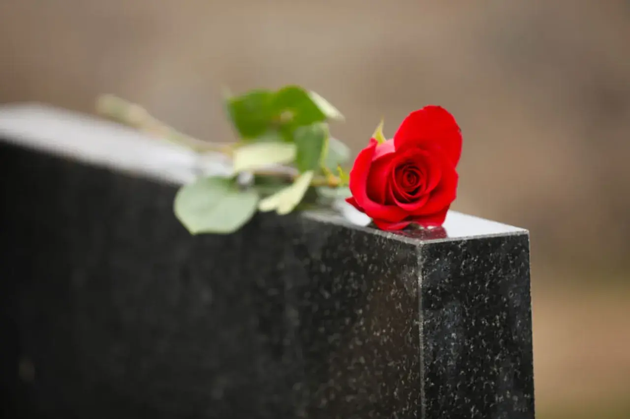 Une rose rouge sur une pierre tombale, symbole de deuil et de souvenir. Le notaire s'occupe du déblocage des fonds succession.