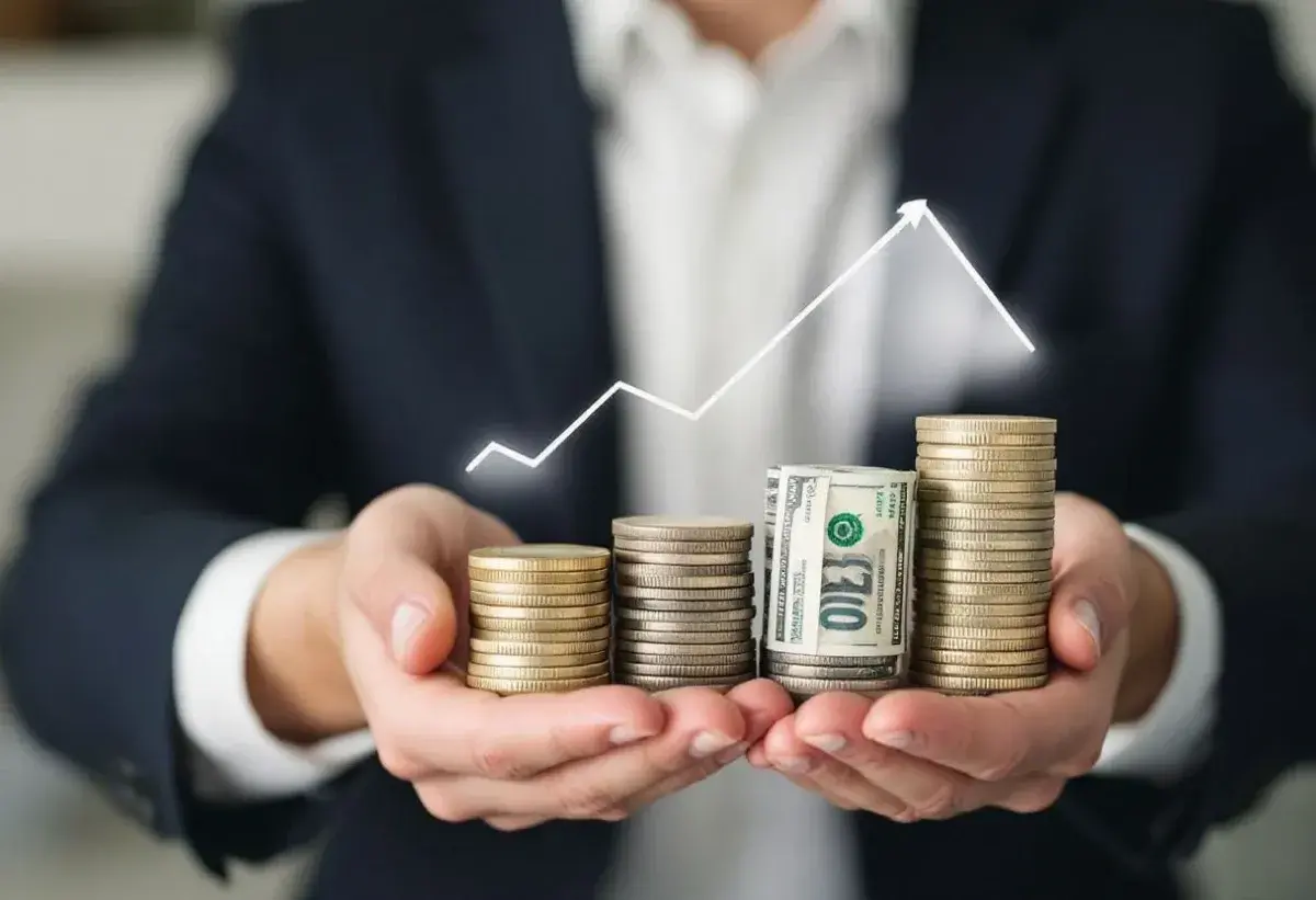 Main tenant demande au notaire une avance sur succession. Des pièces et billets s'empilent, symbolisant la croissance financière.