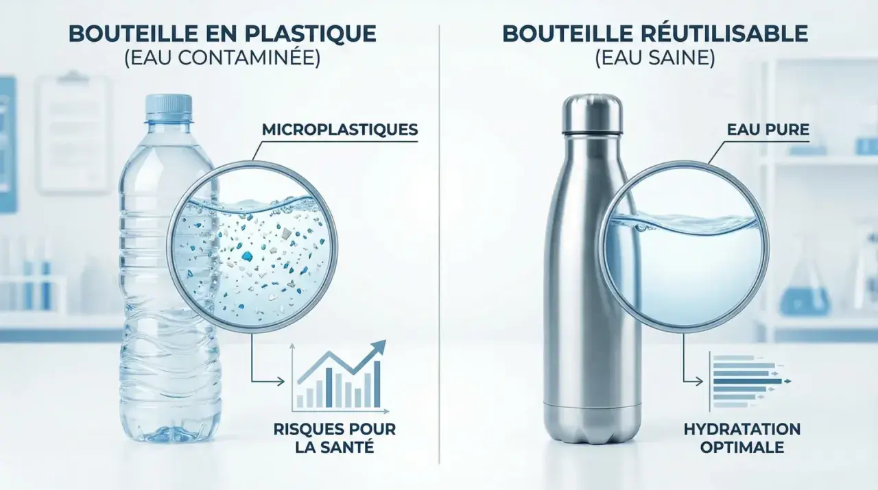 Bouteille en plastique vs. réutilisable. La première libère des microplastiques, augmentant les risques pour la santé. La seconde offre une eau pure pour une hydratation optimale, une alternative à la loi plastique.