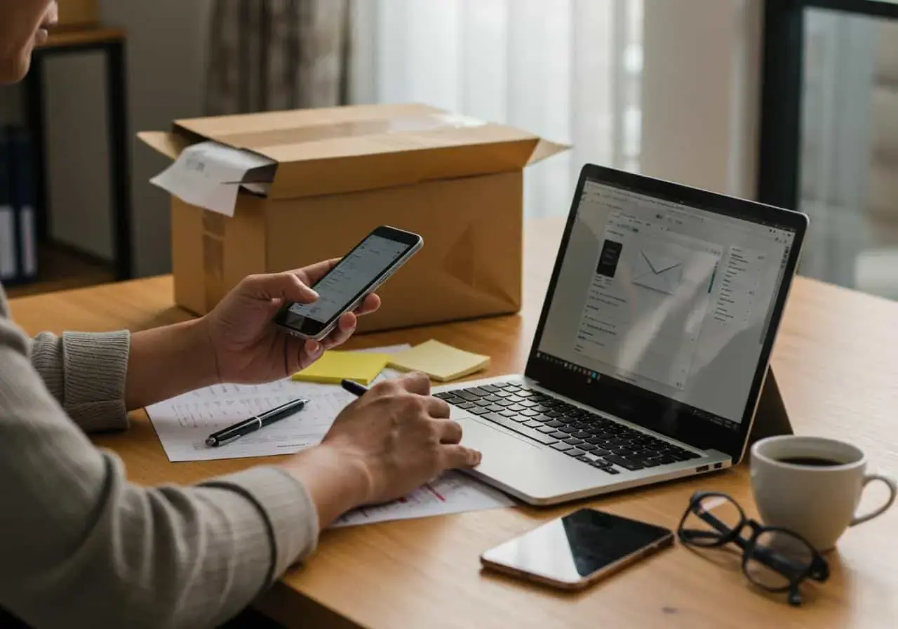 Personne travaillant sur un ordinateur portable, un téléphone et des documents, avec une boîte ouverte à côté. L'écran de l'ordinateur affiche un e-mail, peut-être un refus de remboursement.