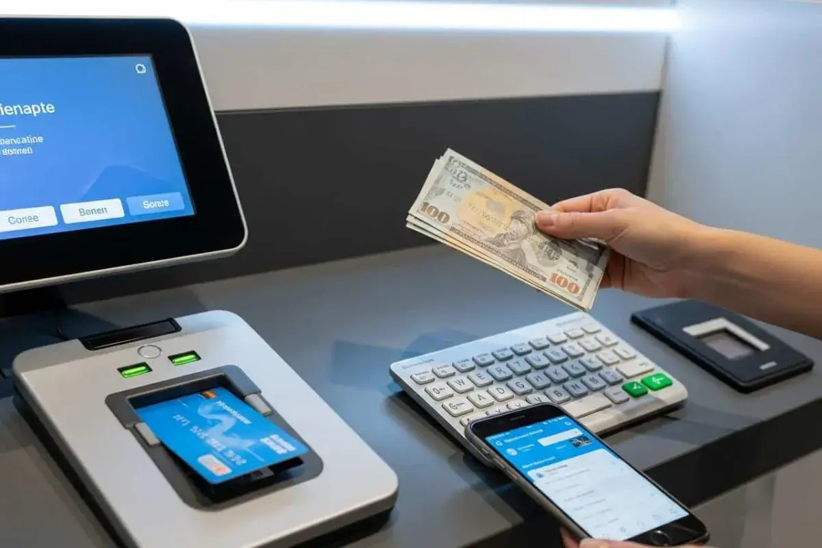 Main tenant une liasse de billets, une personne utilise un smartphone près d'un terminal bancaire. La carte bancaire bloquée dépassement découvert est insérée.