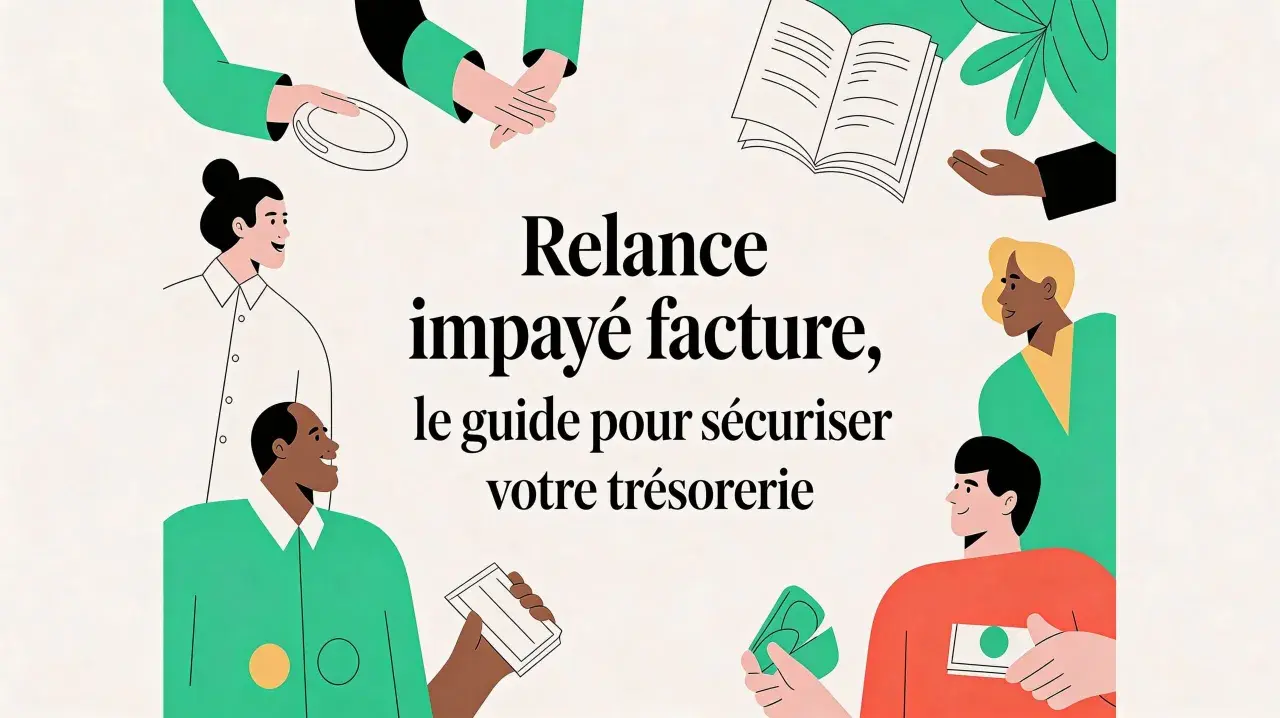 Illustration de personnes échangeant de l'argent et des documents, avec le texte "Relance impayé facture, le guide pour sécuriser votre trésorerie". Le suivi facturation est essentiel.