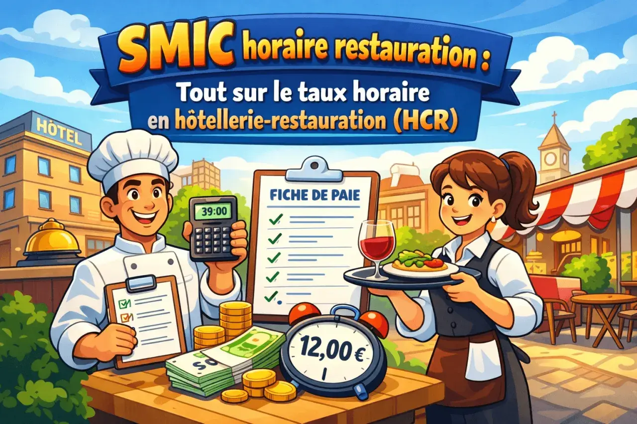 Un chef et une serveuse discutent du SMIC horaire restauration. Une calculatrice affiche 39:00, une fiche de paie est visible, avec des billets et des pièces.