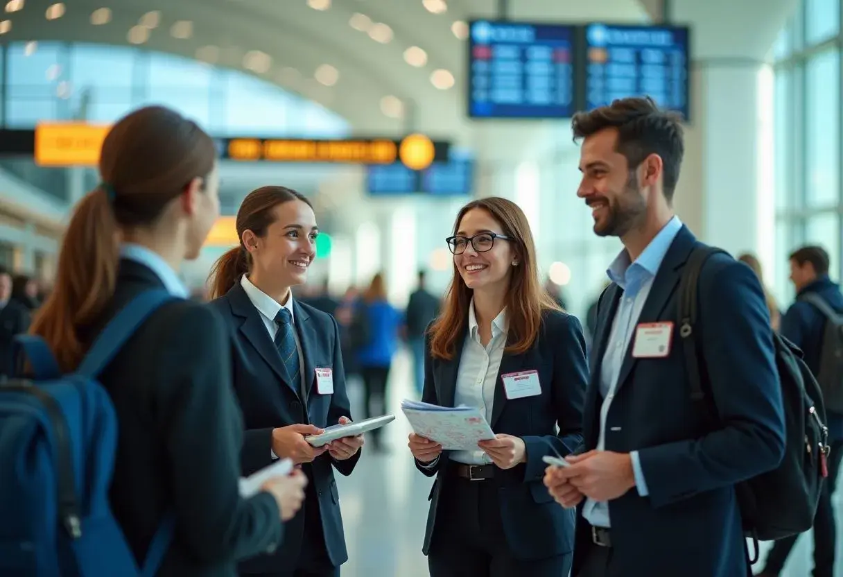 Des employés du tourisme discutent dans un aéroport, peut-être à propos de la convention collective tourisme.