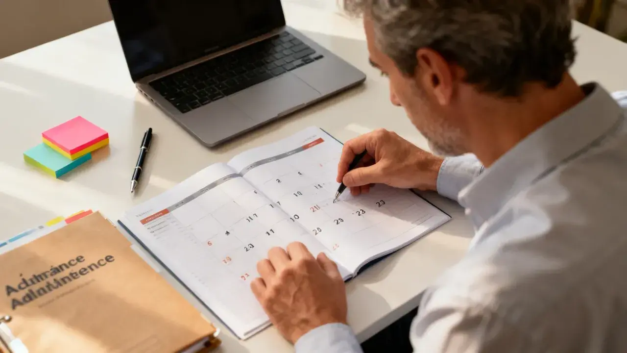 Un homme planifie ses congés sabbatiques dans son agenda, entouré d'un ordinateur portable et de post-it.