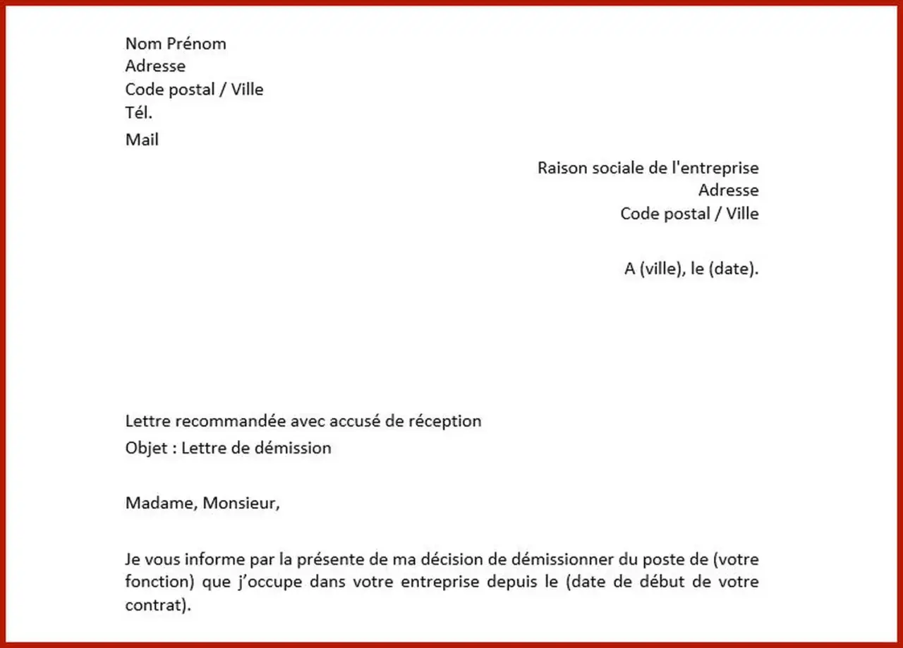Modèle de lettre de démission avec préavis, pour informer l'employeur de votre départ. Ce document est essentiel pour le préavis démission hcr.