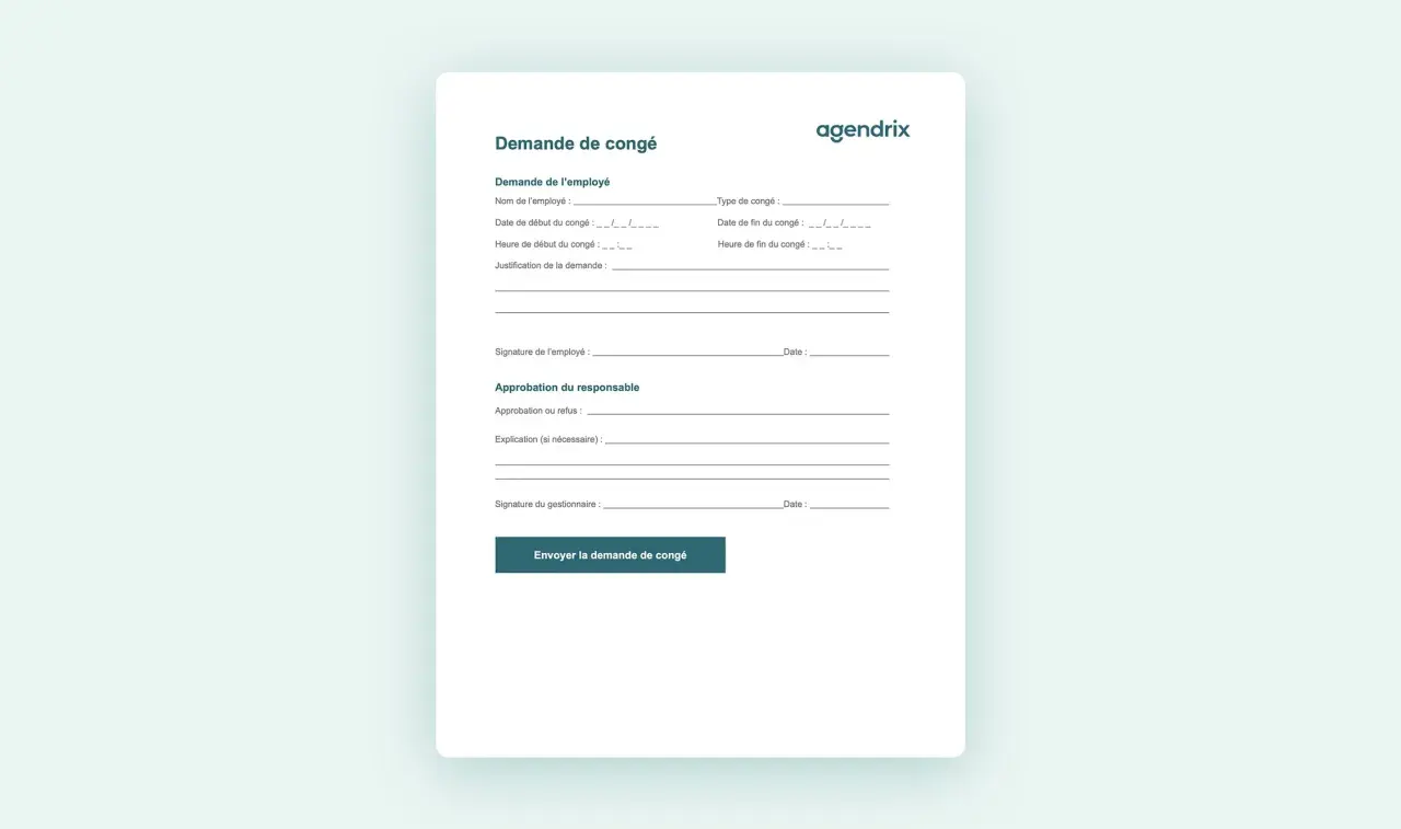Formulaire de demande de congés payés. L'employé remplit ses informations, mais le responsable n'a pas encore approuvé ou refusé. Demande de congés payés restée sans réponse.