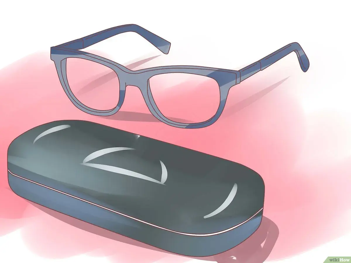 Lunettes mal faites, quel recours ? Une paire de lunettes bleues et son étui gris sur fond rose.