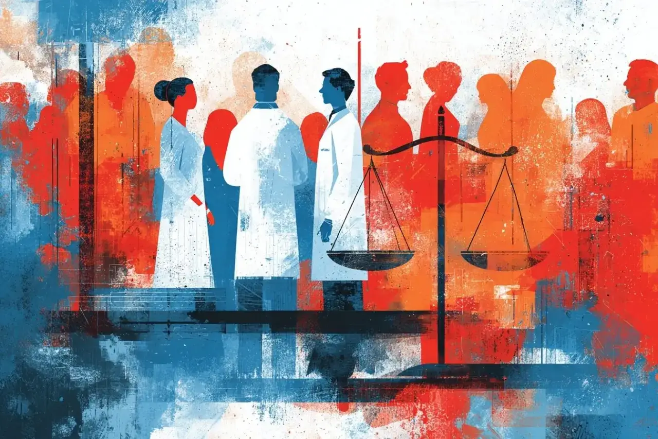 Balance de la justice face à des silhouettes de médecins et de patients. Une scène symbolique pour dénoncer un médecin.