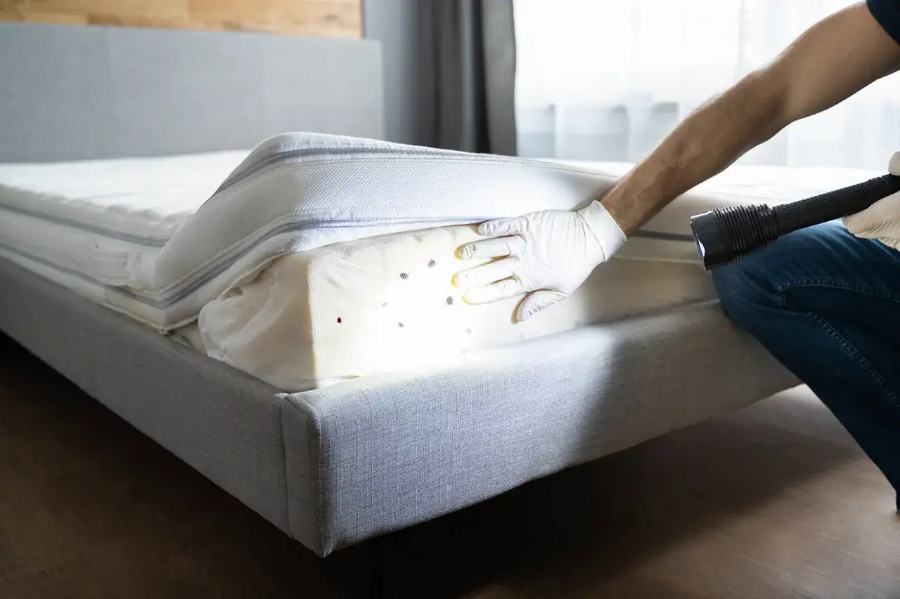 Main gant&eacute;e inspecte un matelas avec une lampe torche, r&eacute;v&eacute;lant des punaises de lit. Une vraie arnaque punaise de lit &agrave; &eacute;viter !