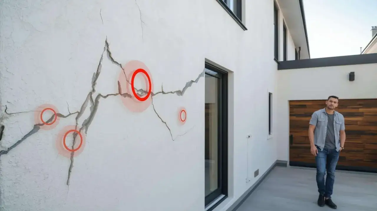 Un homme regarde des fissures importantes sur le mur d'une maison moderne, signe de malfa&ccedil;on travaux.