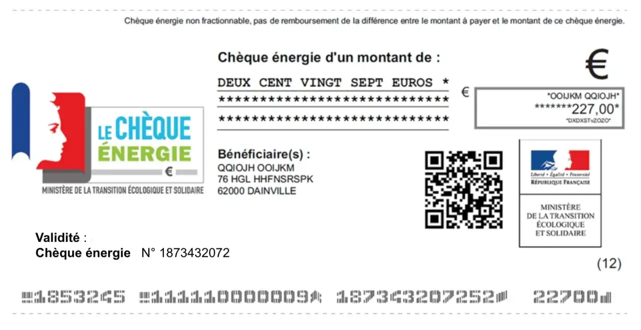 Un ch&egrave;que &eacute;nergie de 227&euro;, destin&eacute; &agrave; aider les m&eacute;nages modestes, peut &ecirc;tre victime d'arnaque. V&eacute;rifiez sa validit&eacute;.