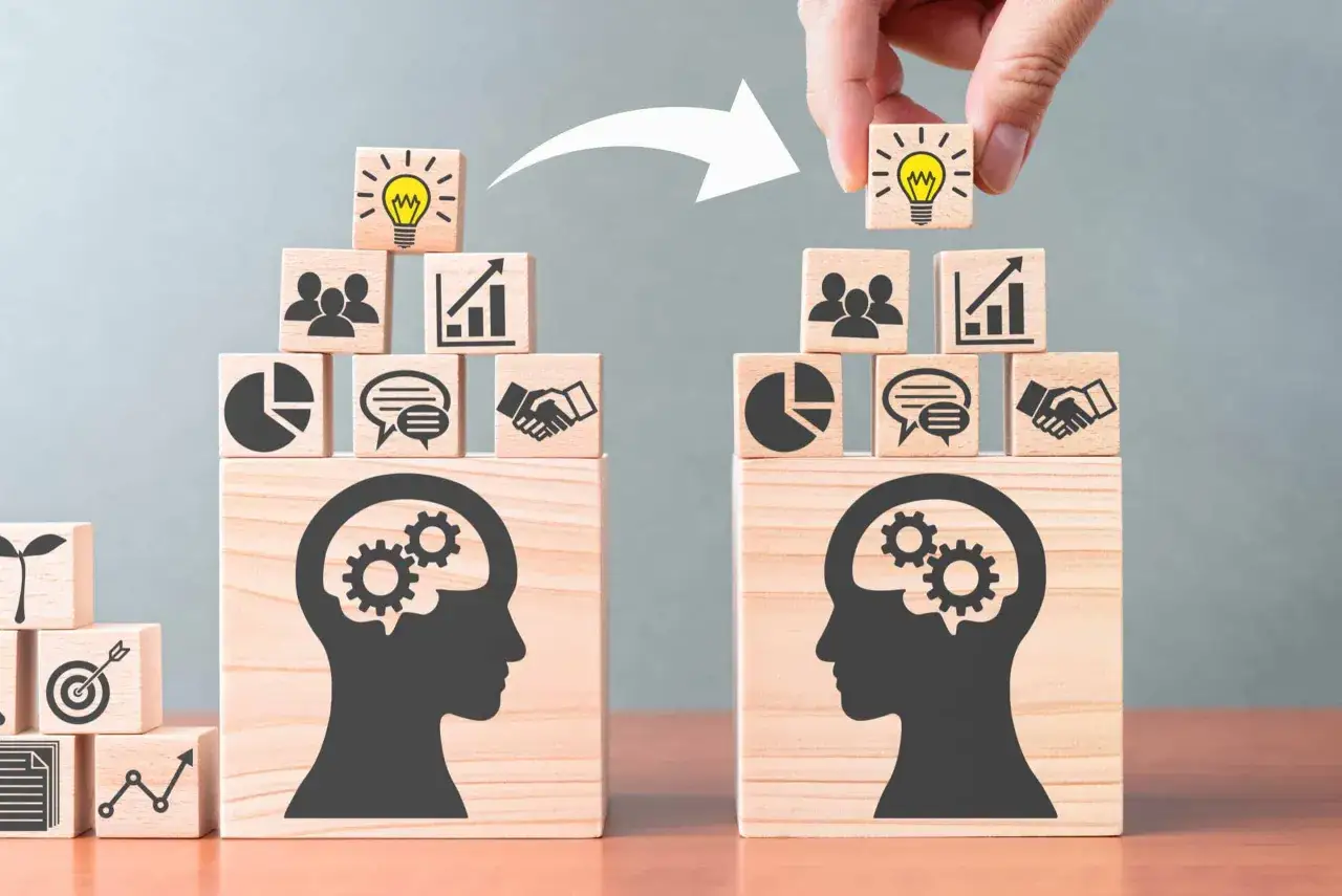 Des cubes illustrent le passage d'id&eacute;es et de comp&eacute;tences pour reprendre une entreprise familiale.