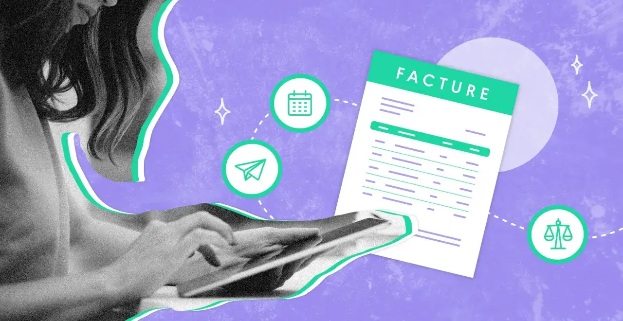 Une personne utilise une tablette pour g&eacute;rer la facturation. Ic&ocirc;nes : calendrier, avion en papier, balance. Le d&eacute;lai maximum pour facturer une prestation est important.
