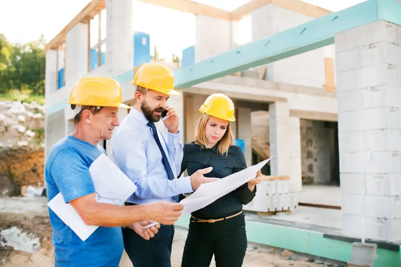 Trois personnes casqu&eacute;es discutent des plans sur un chantier. L'homme au centre est au t&eacute;l&eacute;phone, peut-&ecirc;tre pour r&eacute;soudre un litige travaux.