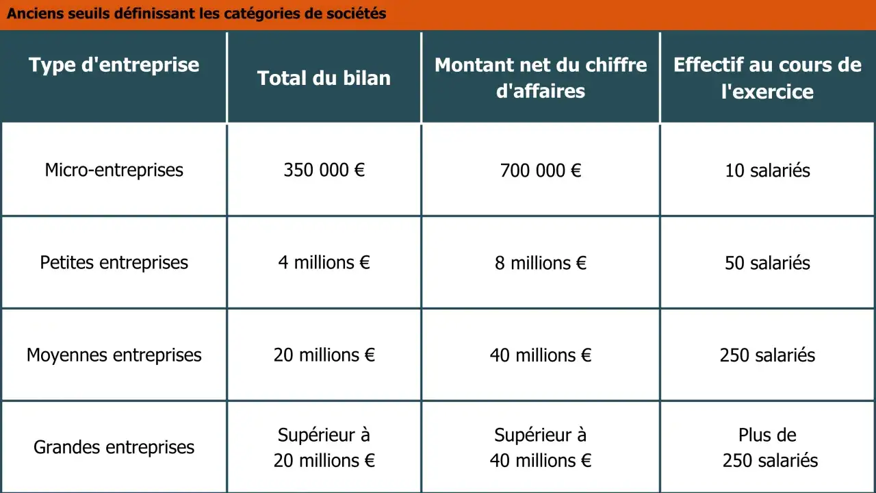 Tableau comparant les seuils de bilan, chiffre d'affaires et effectifs pour les micro, petites, moyennes et grandes entreprises, illustrant la notion de pme au sens communautaire.