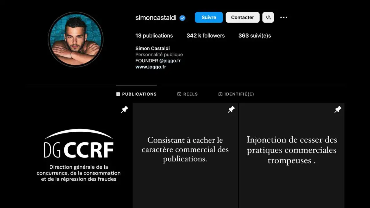 Profil d'influenceur avec un logo DGCCRF. L'image évoque une potentielle arnaque influenceur, avec des publications mentionnant des pratiques commerciales trompeuses.