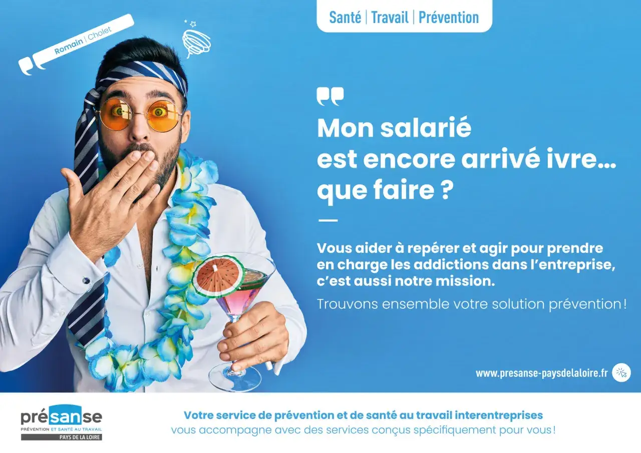 Un homme, l'air surpris, porte une cravate en guise de bandeau et une guirlande hawa&iuml;enne. Il tient un cocktail, &eacute;voquant l'alcool au travail.