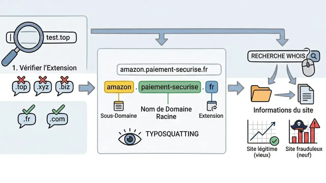 Sch&eacute;ma expliquant comment identifier un site frauduleux en v&eacute;rifiant l'extension du domaine et en analysant les informations WHOIS.