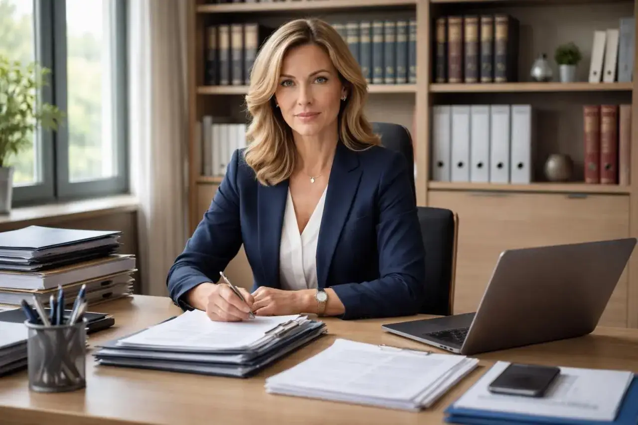 Une femme d'affaires, mandataire social, travaille &agrave; son bureau, entour&eacute;e de documents et d'un ordinateur portable.