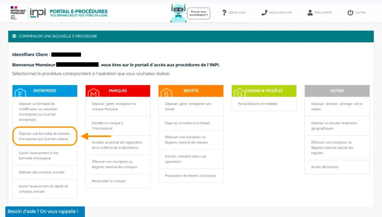 Portail INPI pour les entreprises. Cliquez sur 