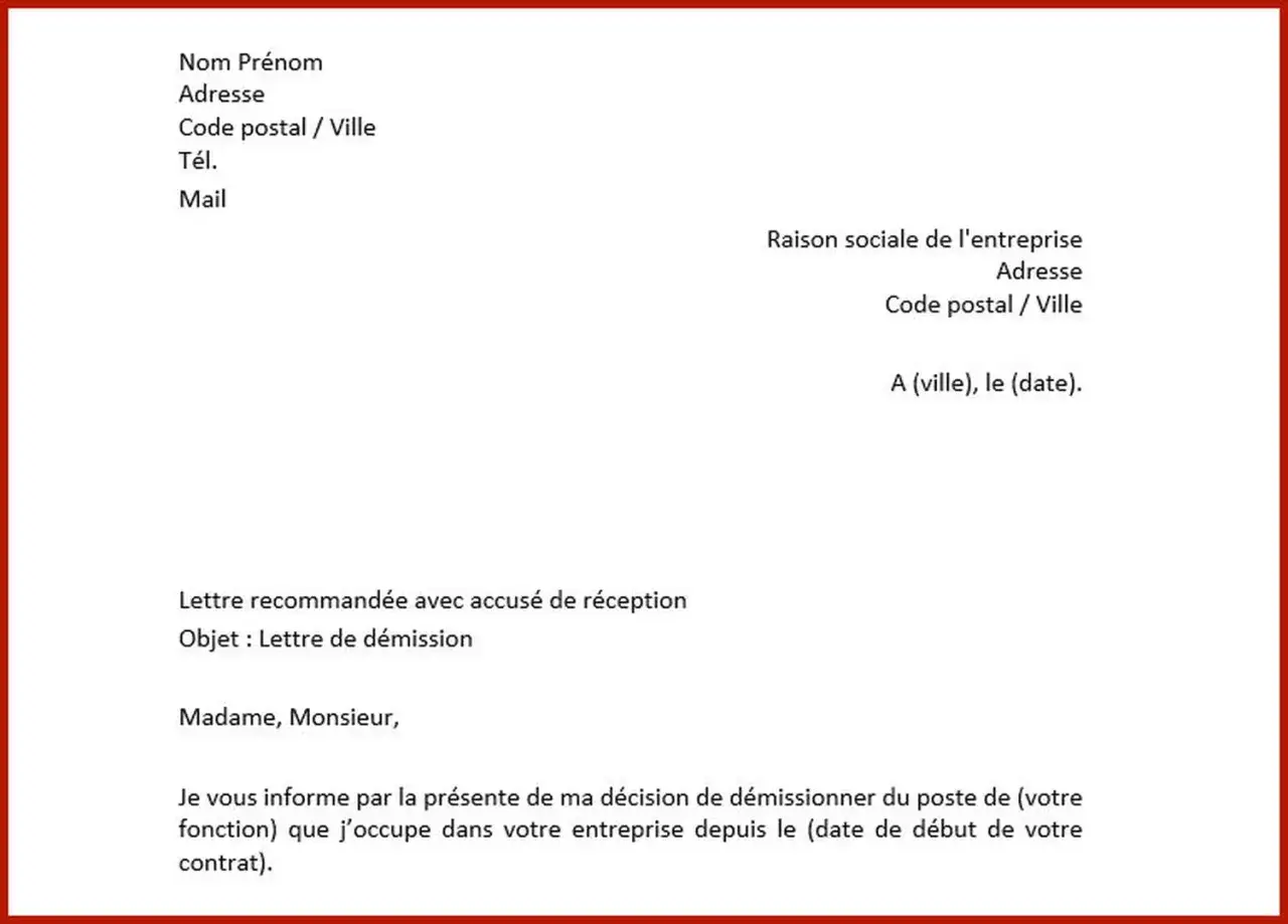 Modèle de lettre de démission, un document officiel pour informer son employeur de son départ.