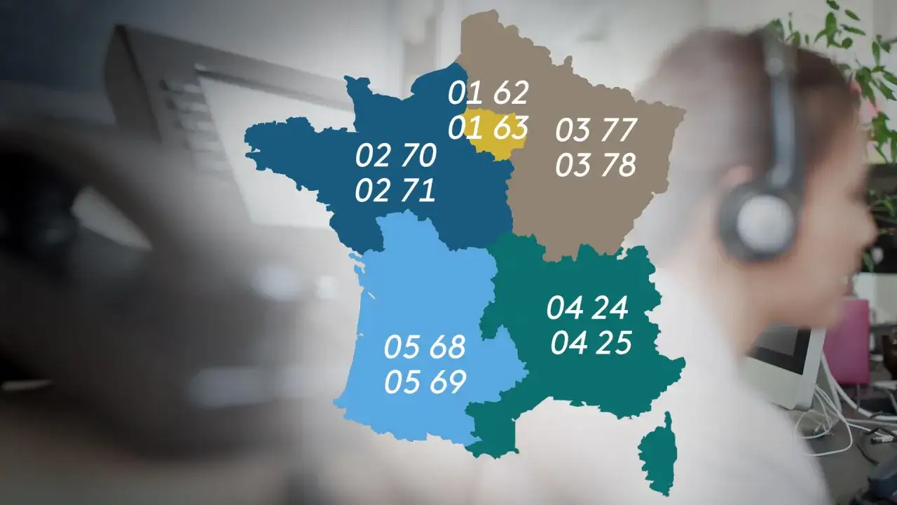 Carte de France avec numéros de téléphone par région, suggérant un démarchage téléphonique 06.