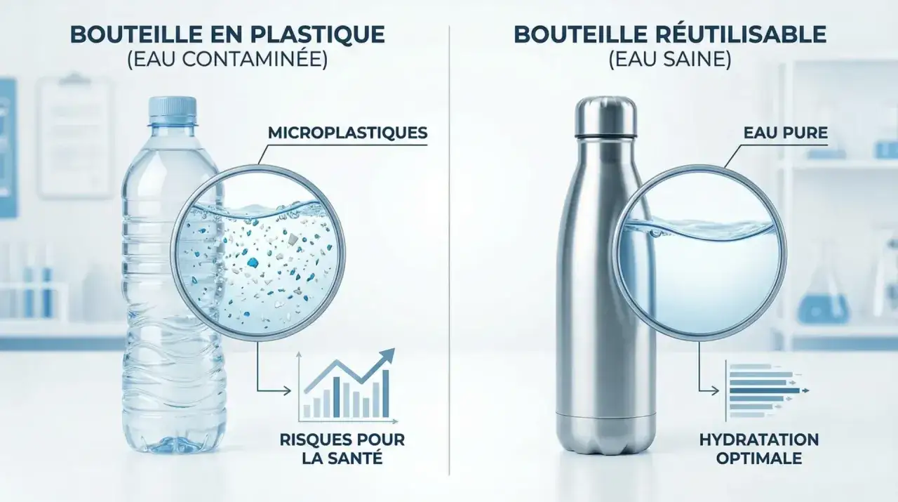 Bouteille en plastique vs. r&eacute;utilisable : la premi&egrave;re lib&egrave;re des microplastiques, augmentant les risques pour la sant&eacute;. La seconde offre une eau pure pour une hydratation optimale. Une loi plastique pour un avenir plus sain.