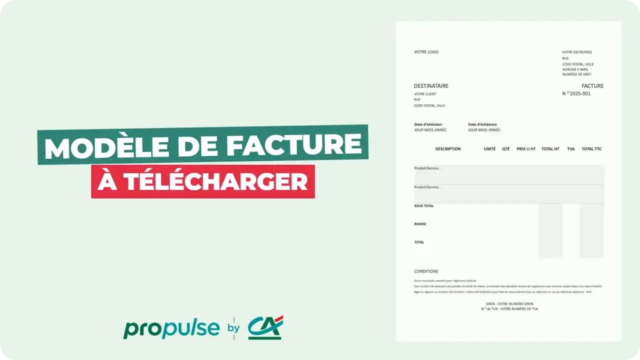 Modèle de facture à télécharger, avec champs pour la date de facturation, la date de livraison, les produits, les totaux et les conditions.