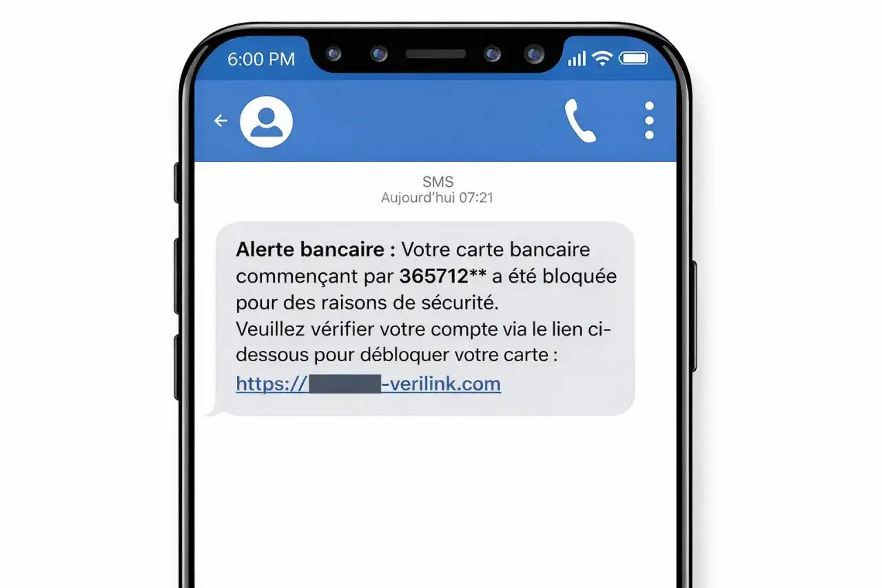 Alerte bancaire frauduleuse sur un smartphone, un SMS simule une arnaque placement financier pour voler des informations.