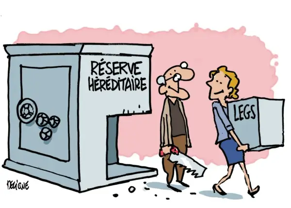 Un homme avec une scie s'approche d'un coffre-fort "Réserve Héréditaire". Une femme emporte une boîte marquée "LEGS".