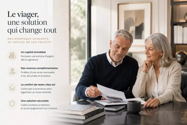Un couple âgé examine des documents, illustrant les avantages d'un contrat viager : capital immédiat, revenus complémentaires, confort et sécurité.
